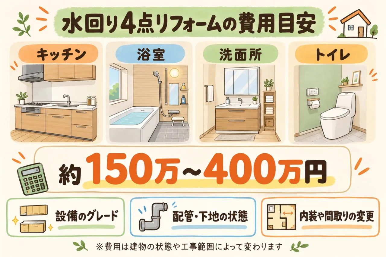 【茨木市】水回りリフォーム4点セットの費用は？まとめて工事するメリットと3点セットとの違い